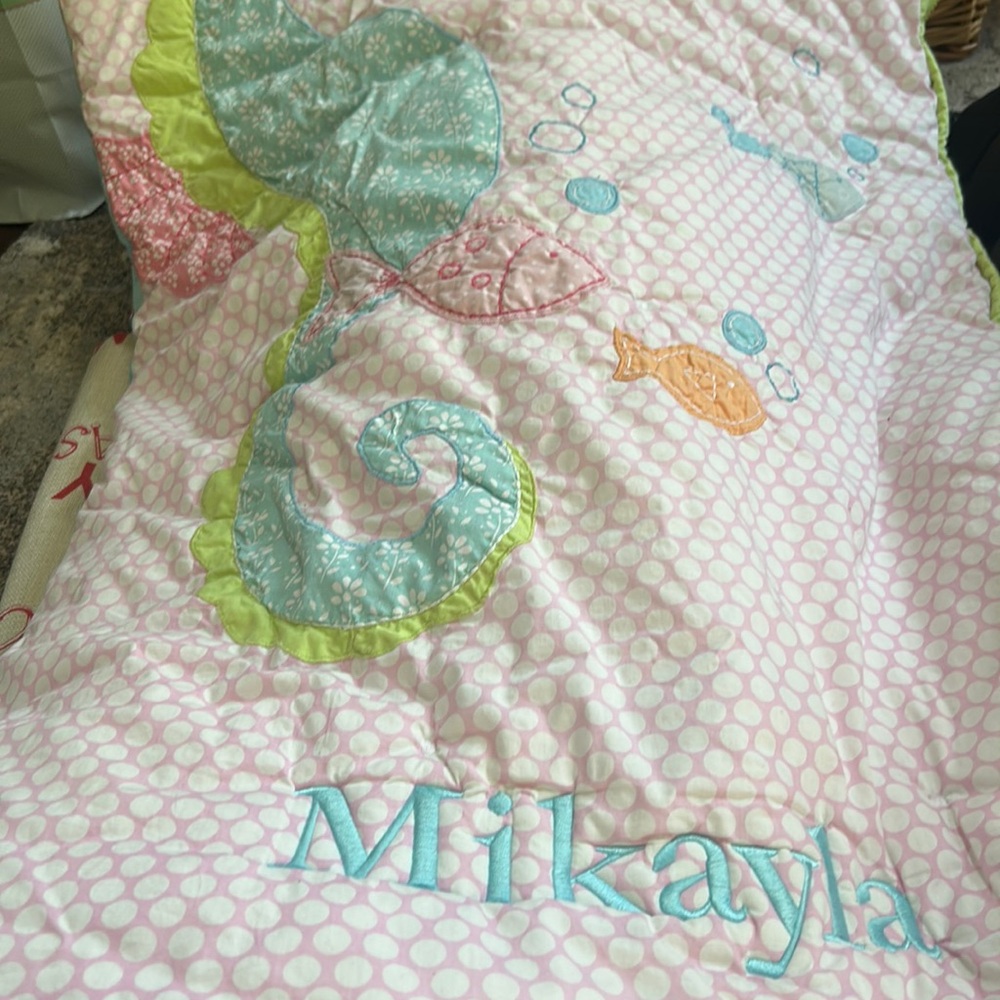 Personalized with “mikayla”, kids potterbarn seahorse sleeping bag